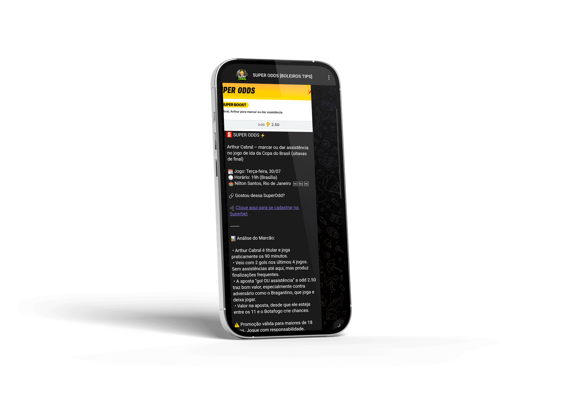 Print do grupo de Super Odds no Telegram